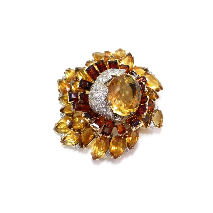   Cartier - Mid-20th century citrine and diamond floral cluster brooch by Cartier | MasterArt